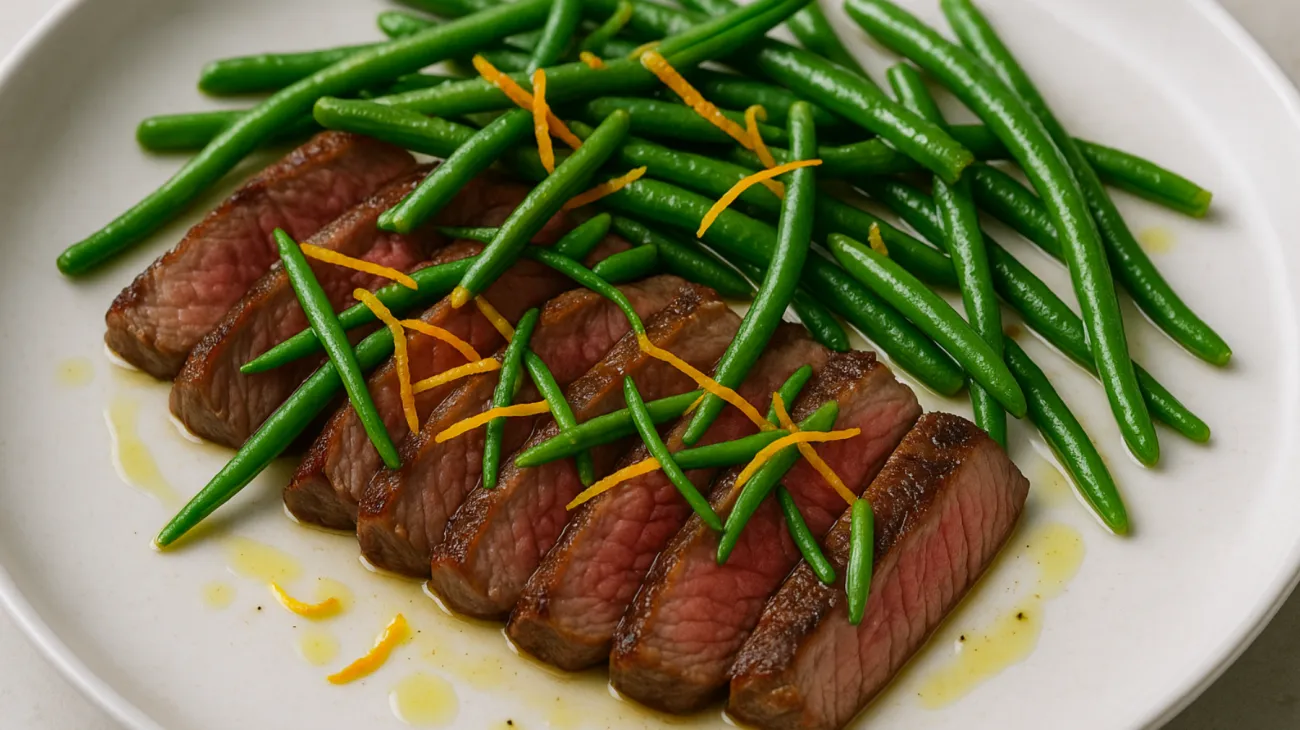 tagliata di manzo fagiolini scorza d'arancia"
