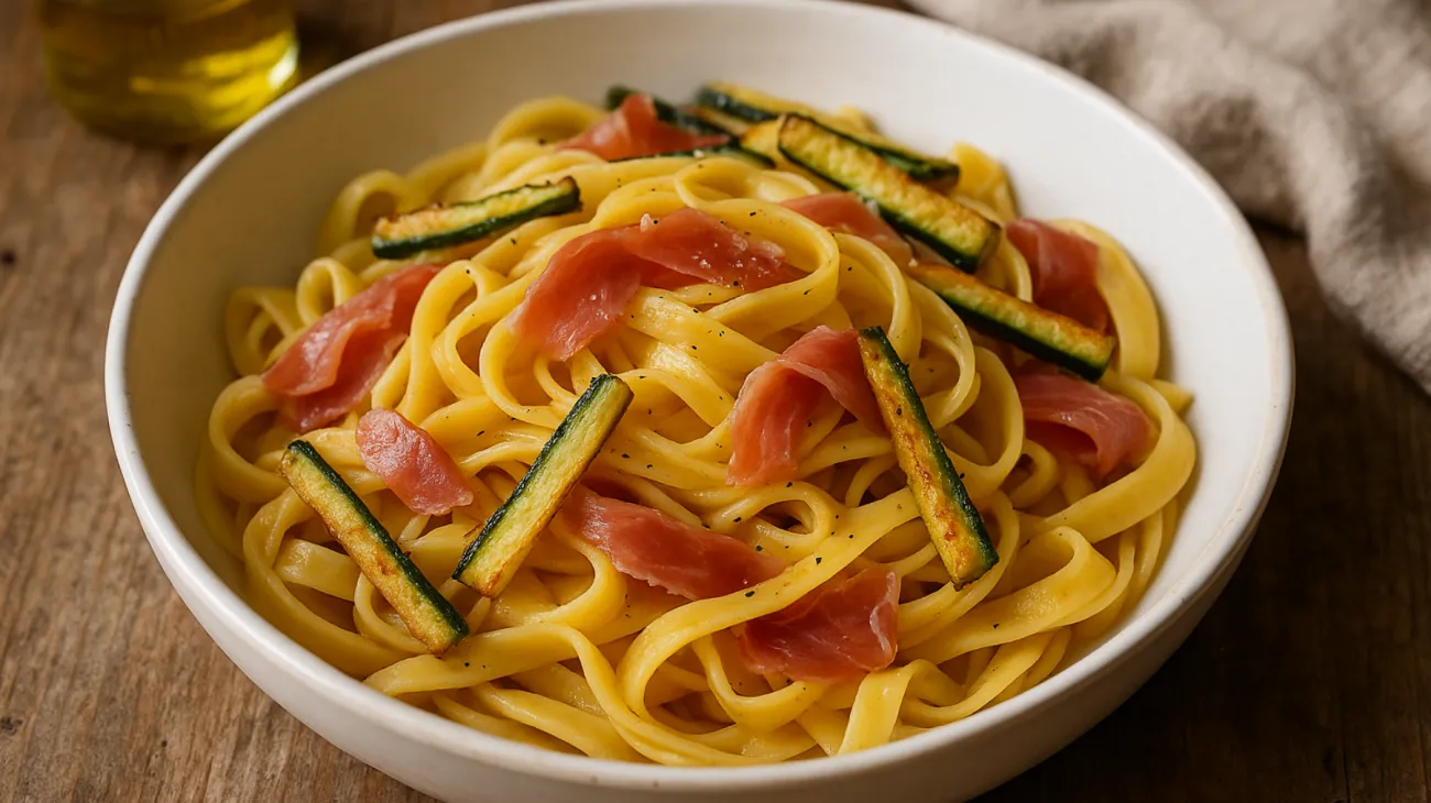 tagliatelle prosciutto crudo zucchine croccanti"