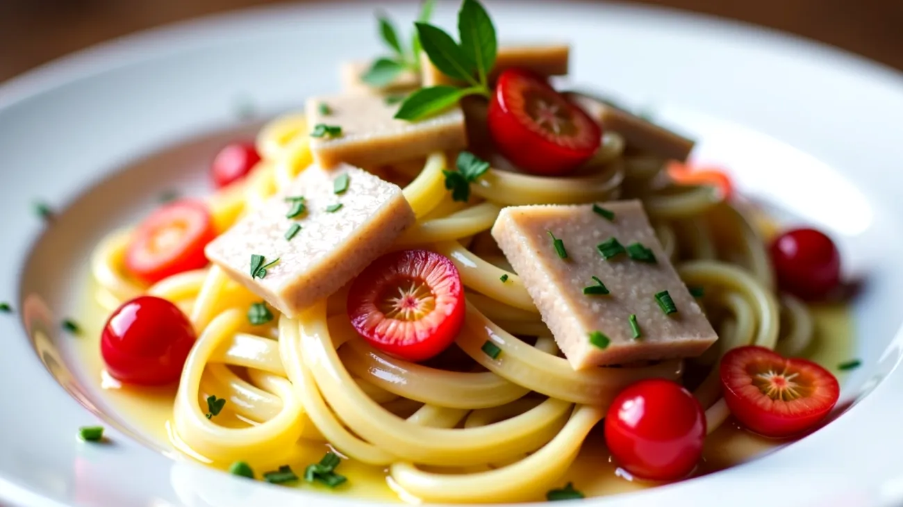 tagliatelle sgombro ciliegie croccanti"